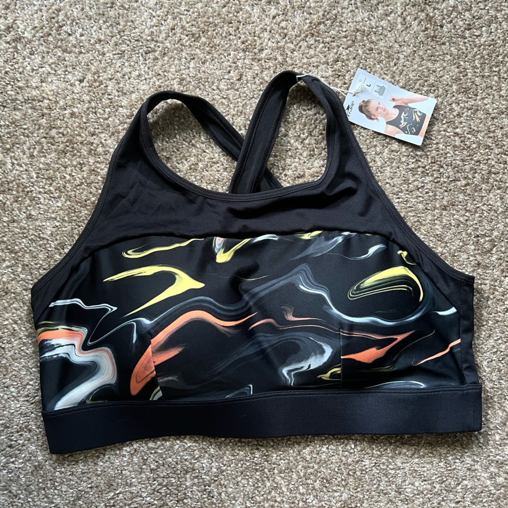 Crane Black & Multicolor Paint Swirl Keyhole Sports Bra Racerback Athletic Run
